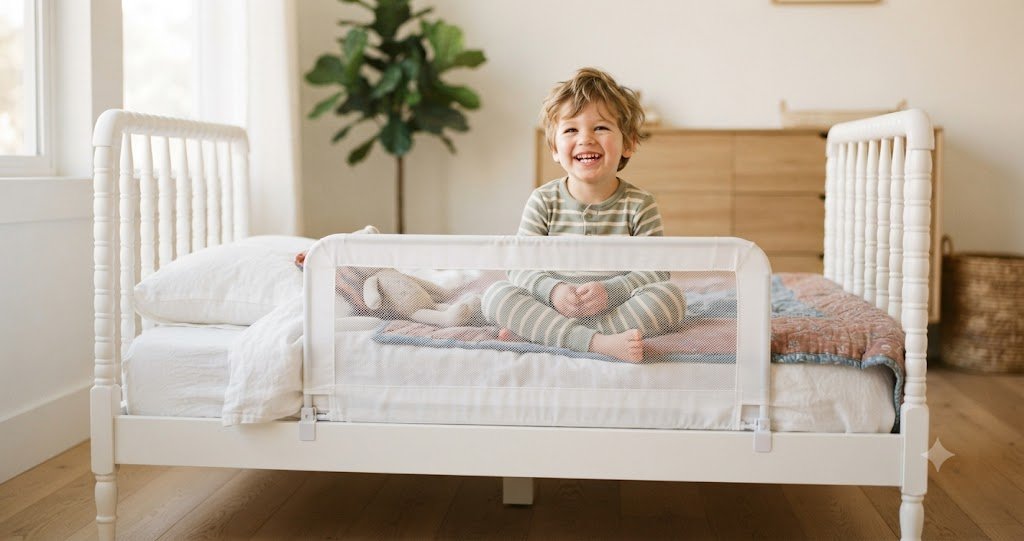 Smiling toddler sitting up in a white toddler bed with a mesh bed rail installed snugly against the mattress in a bright bedroom