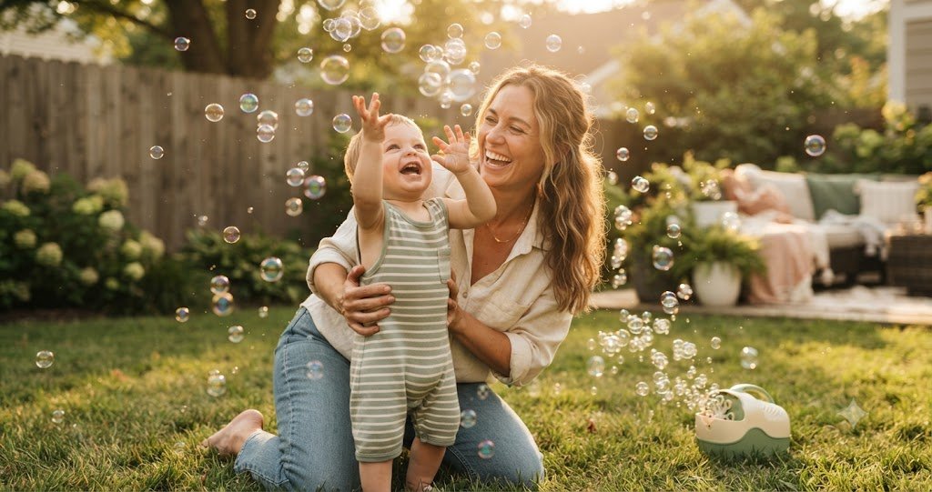 Mom and toddler chasing bubbles from an automatic bubble machine in a sunny backyard - best bubble machines for kids