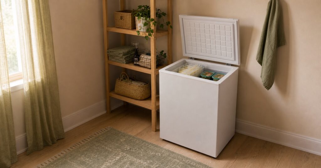 Open compact chest freezer with organized breast milk bags and family meal prep containers