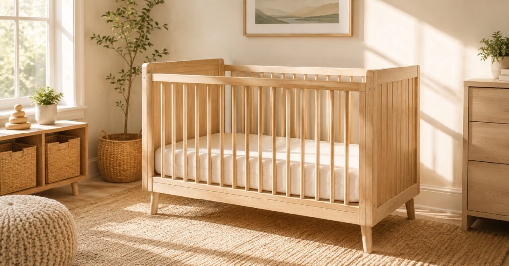 Modern full-size stationary-side wooden crib in a warm neutral nursery