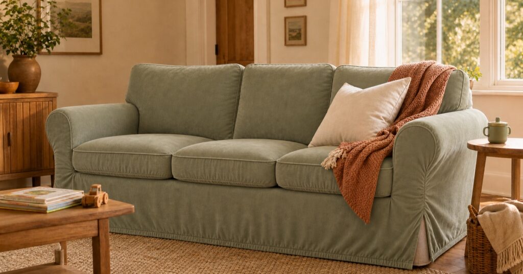 A warm family living room with a sage fitted couch cover over an oatmeal sofa