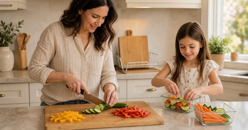 Mother and daughter preparing vegetables together in a warm family kitchen