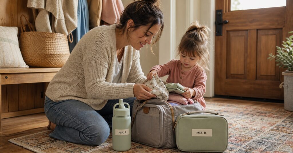 Mother and toddler packing spare clothes into a daycare backpack beside a bottle and lunch box labeled MIA R.