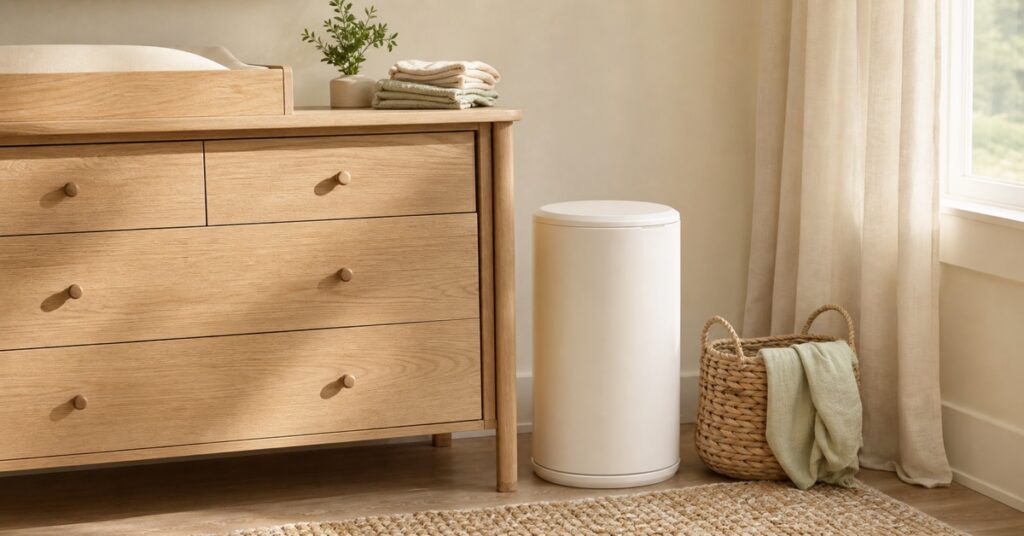 Closed diaper pail beside a pale oak changing dresser in a warm nursery