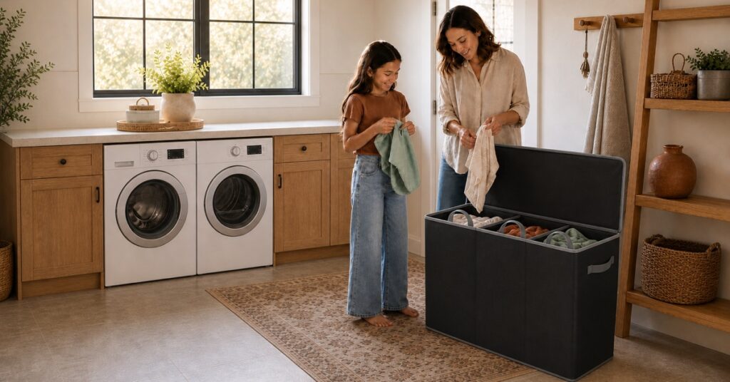 Mother and daughter sorting laundry into a three-section black fabric hamper in a warm laundry room