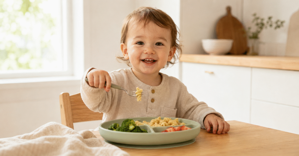 Toddler eating from a divided suction plate with separated foods at a bright kitchen table