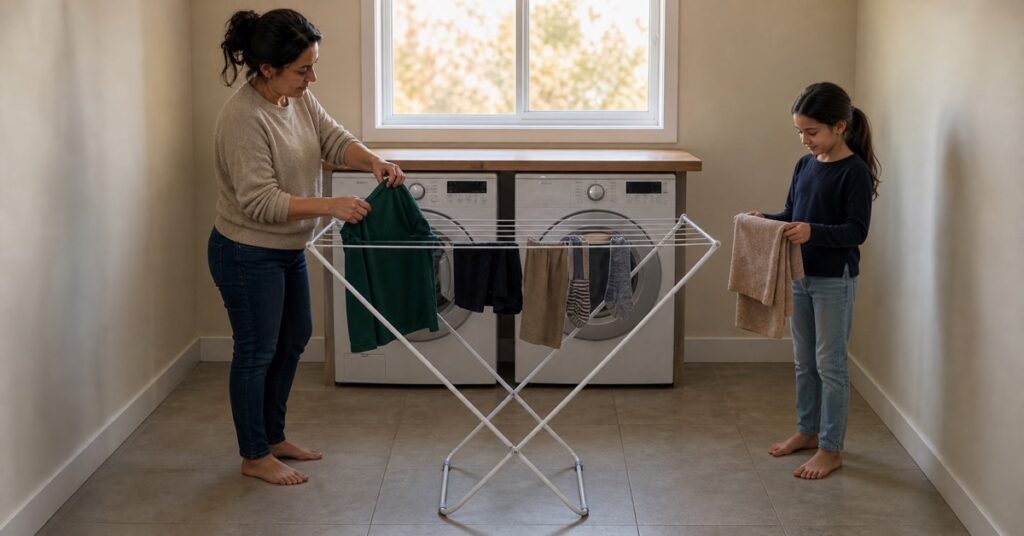 Mother hanging family clothes while her daughter holds a towel beside a foldable drying rack