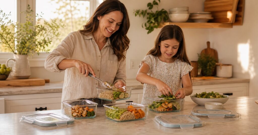 Mother and school-age daughter portioning family meal prep into glass food storage containers