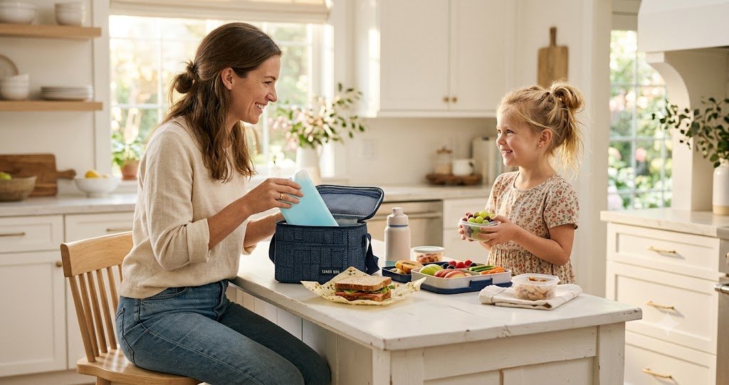 Mother and daughter packing a kids lunch box with a slim ice pack at a bright kitchen counter