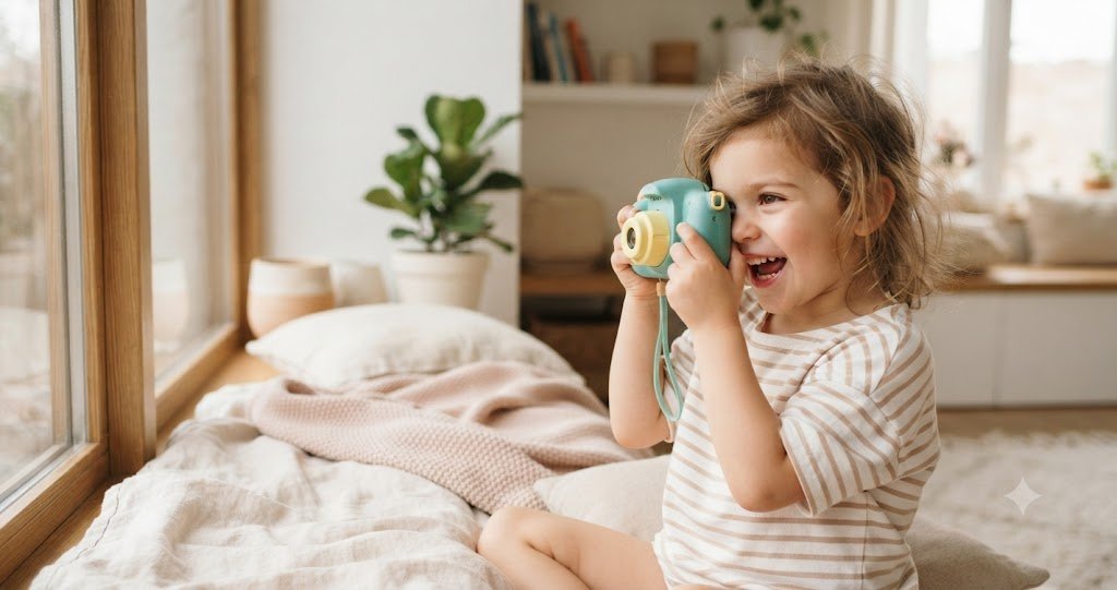 A young child holding a shockproof kids' camera up to their eye in warm natural light — best kids' cameras for 2026
