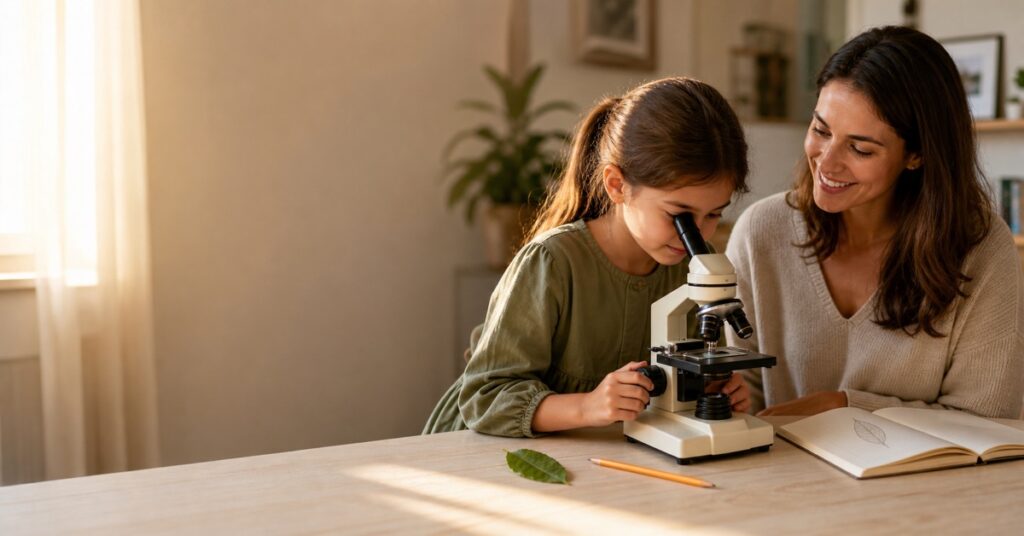 Mother and school-age daughter using a beginner microscope together at a sunlit table