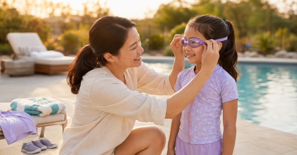 A mother helps her daughter adjust comfortable swim goggles beside a sunny family pool.