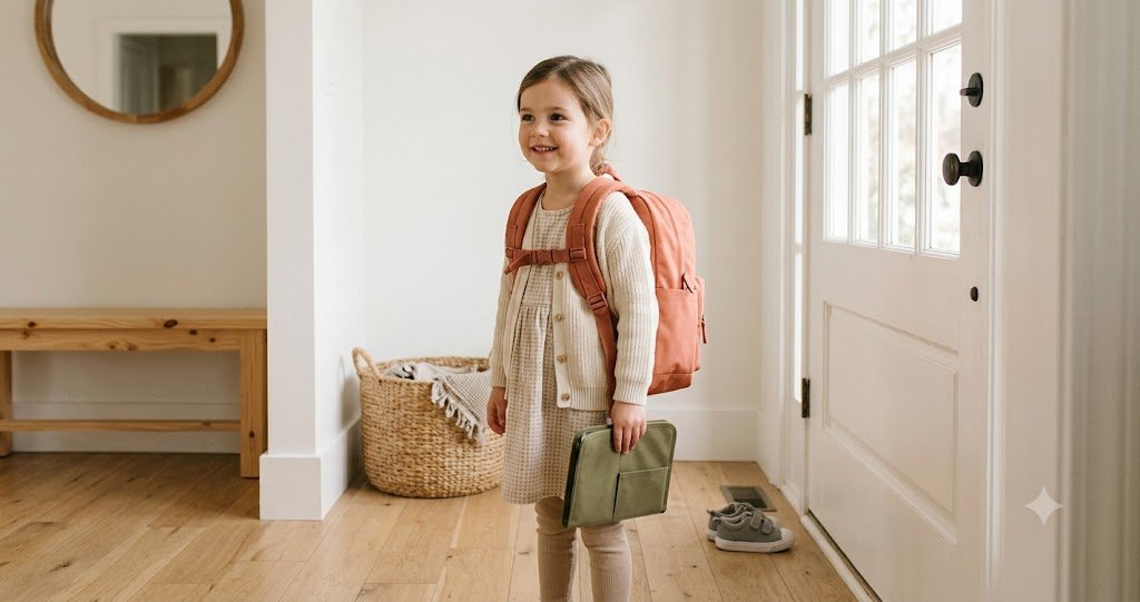Smiling kindergarten girl wearing a properly fitted 15-inch backpack by the front door on a school morning