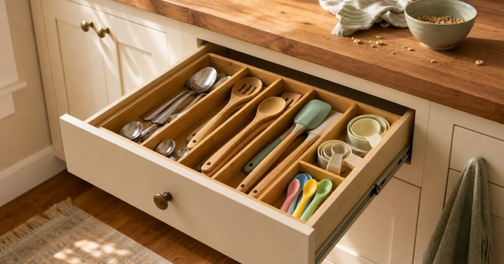 Organized family utensil drawer with bamboo dividers and colorful children's spoons