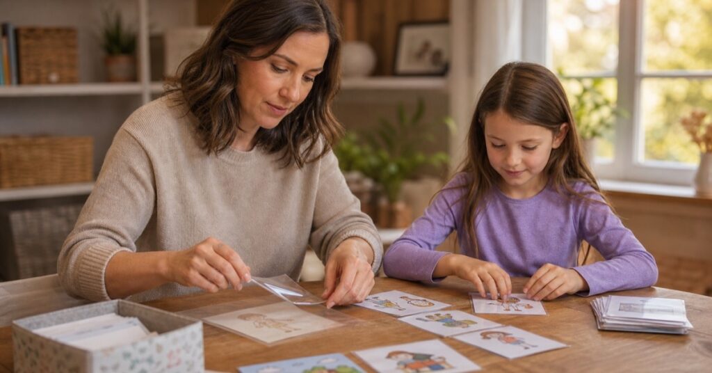 Mother and daughter organizing laminated routine cards at home
