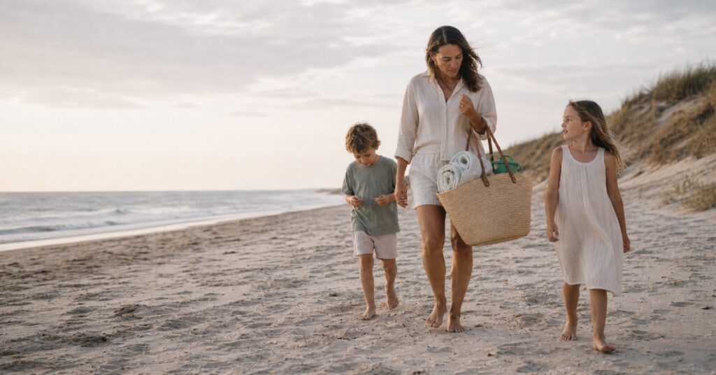 Mother carrying a large straw beach bag while walking with two children beside the ocean