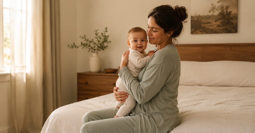 Mother in sage nursing pajamas holding her baby in a warm sunlit bedroom