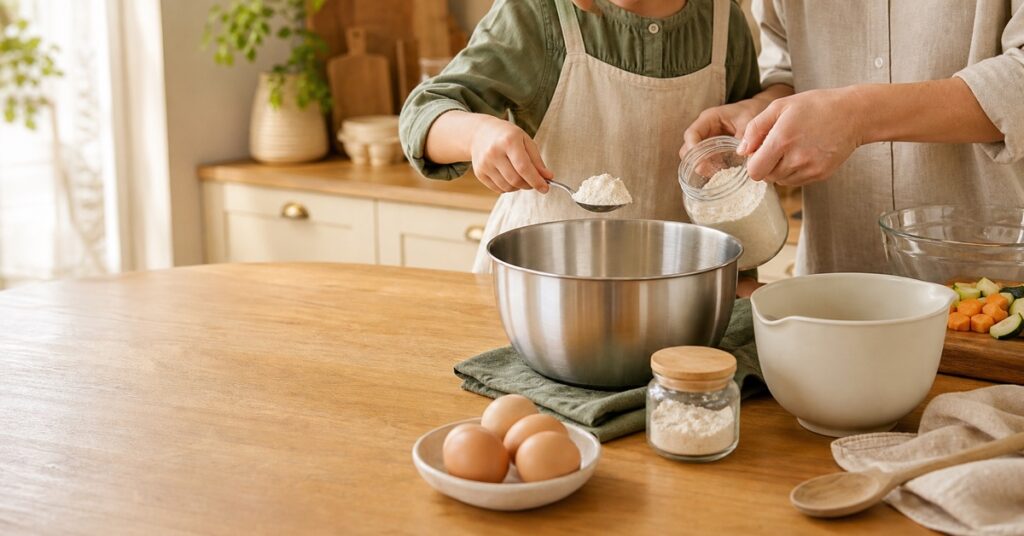 Stainless steel and lightweight mixing bowls on a warm family kitchen counter for baking and meal prep