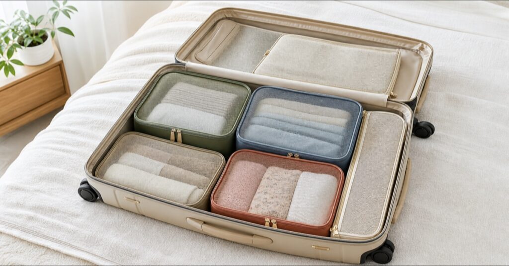 A modern light-colored family suitcase neatly organized with color-coded packing cubes