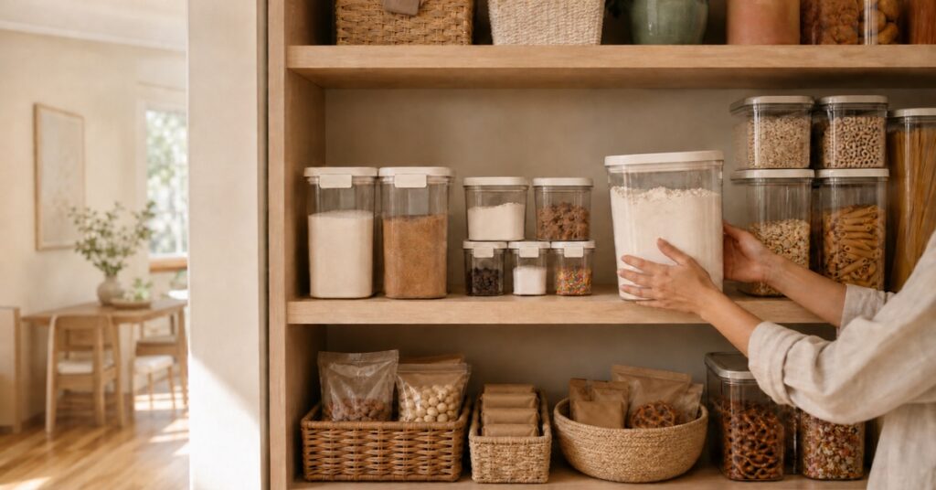 Clear and translucent pantry containers holding flour, sugar, oats, rice, cereal, pasta, and snacks on warm family-kitchen shelves.