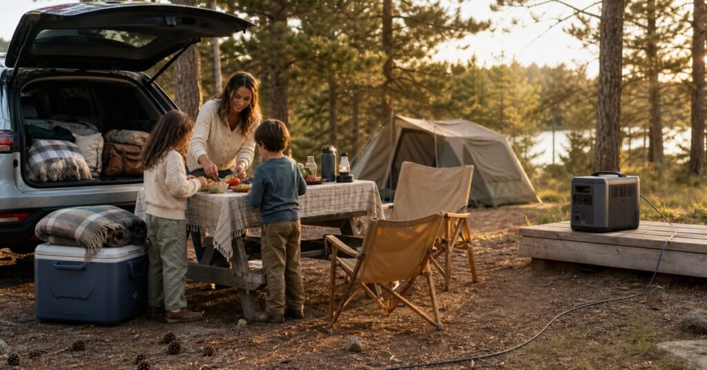 Mother and two children at a campsite with a portable power station placed safely on a raised wooden platform
