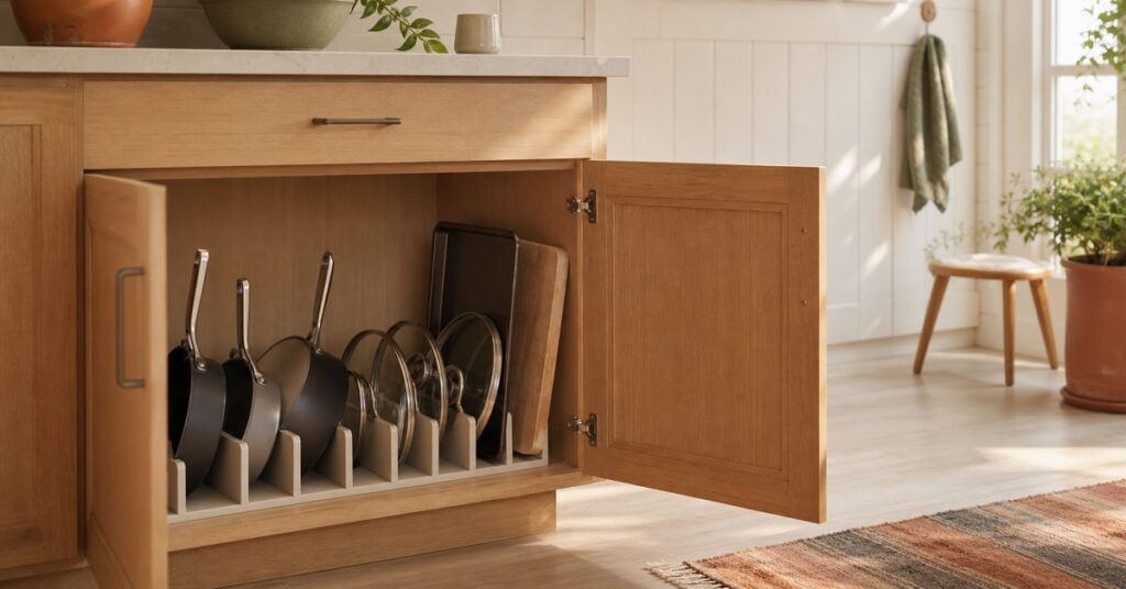 Frying pans and pot lids stored upright inside an open lower kitchen cabinet
