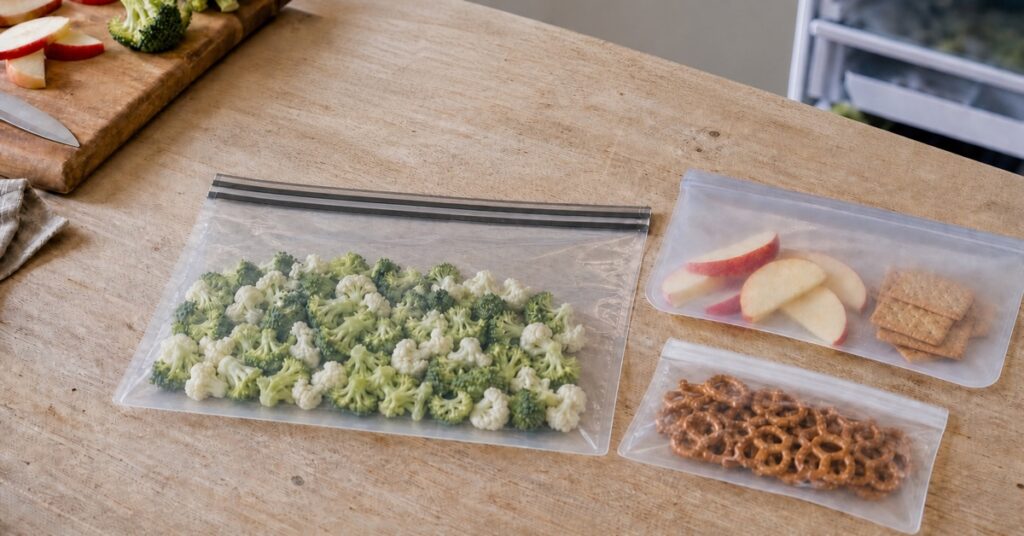 Flat reusable food storage bags filled with apples, crackers, pretzels, and freezer-prep vegetables on a family kitchen counter
