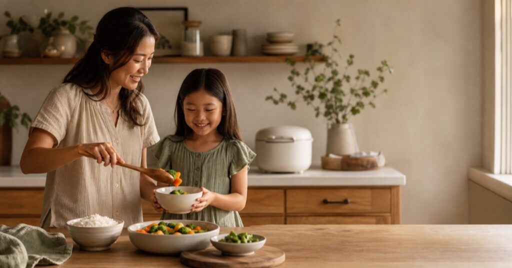 Mother and school-age daughter preparing rice together beside a closed rice cooker in a warm family kitchen.