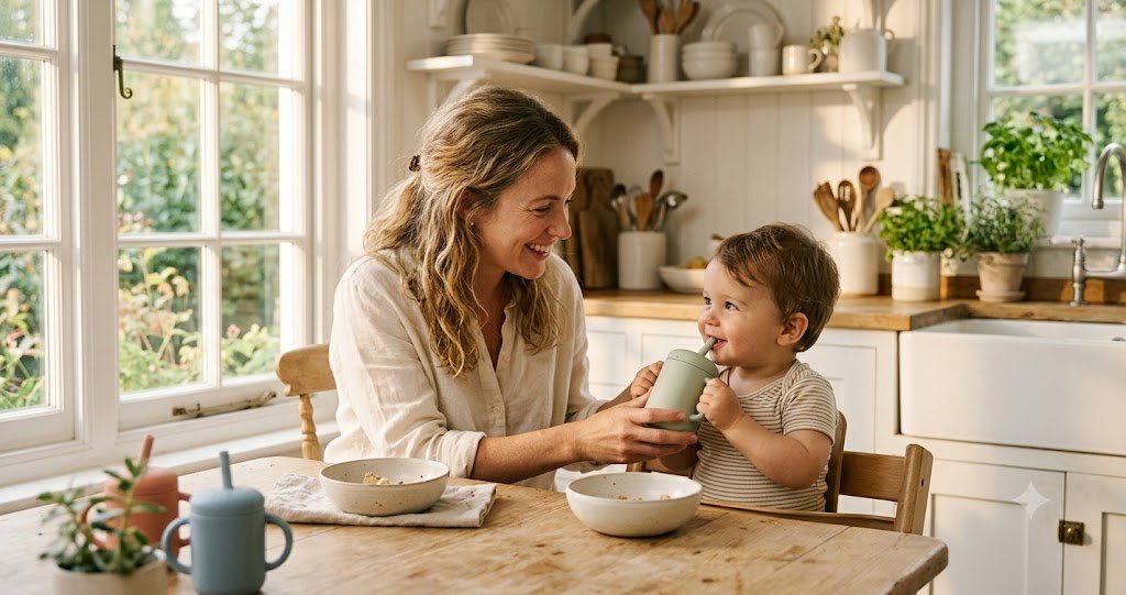 Mother helping her toddler drink water from a straw cup at a bright kitchen table