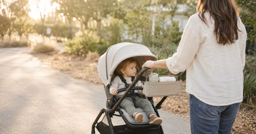 Mother pushing a toddler in a stroller with a securely attached handlebar organizer