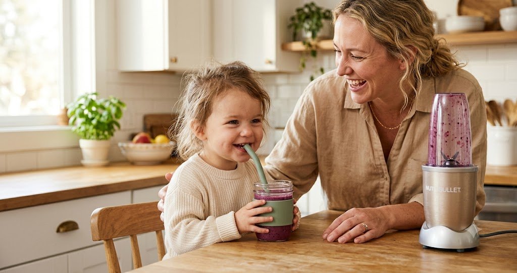 Toddler drinking a purple smoothie from a glass mason jar cup with silicone sleeve and wide straw, mom and personal blender in a bright kitchen