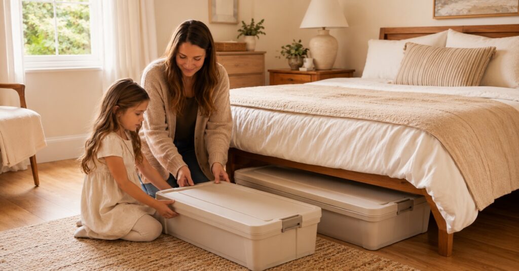 A mother and young daughter sliding two storage containers beneath a neatly made bed