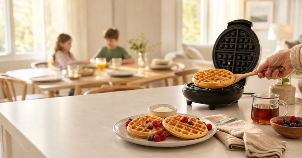 An adult lifts a golden waffle from a waffle maker while two children wait at the breakfast table