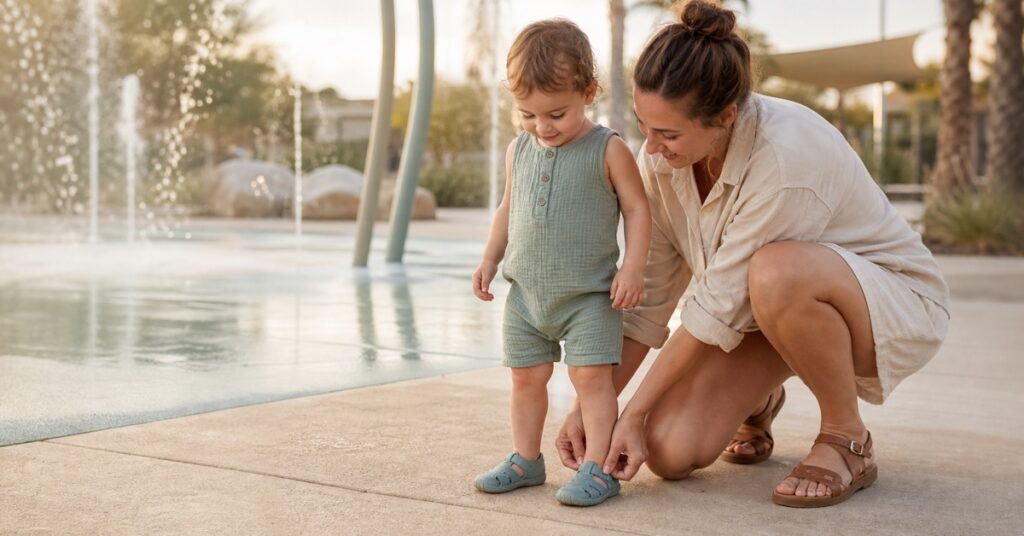 Mother checking her toddler’s closed-toe water shoes beside a splash pad