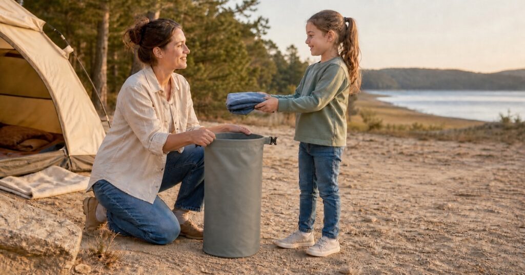 Mother and daughter packing a roll-top dry bag beside a family beach campsite