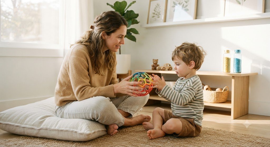 Mother and toddler practicing deep breathing together with a colorful expanding breathing ball in a calm-down corner