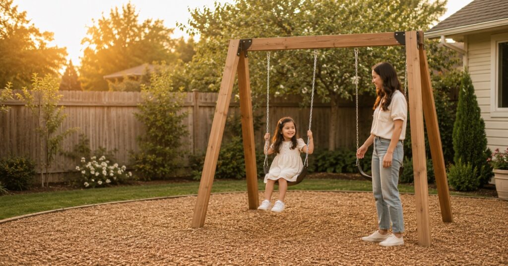 Mother and young daughter beside a cedar swing set with a clear safety area in a small backyard.