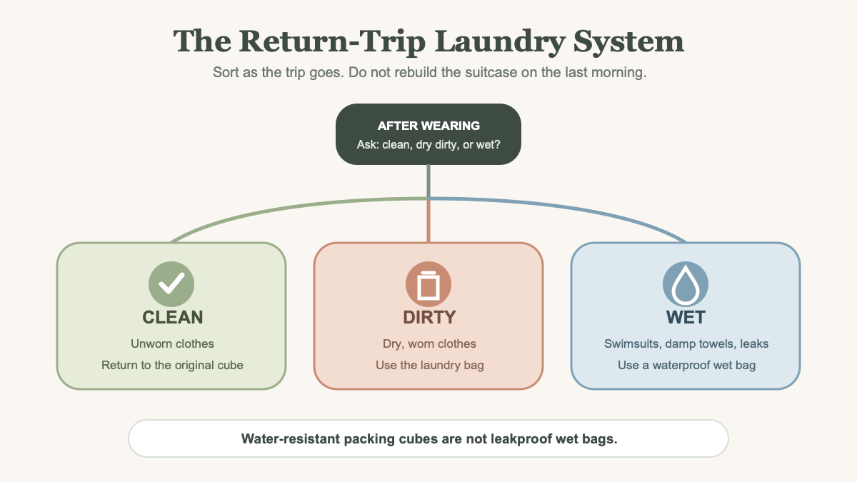 Return-trip laundry system separating clean clothes, dry dirty laundry, and wet items