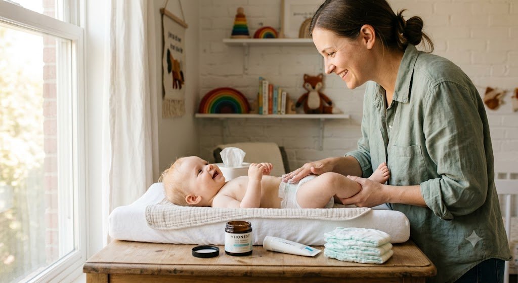 Mom applying diaper rash cream to her smiling baby on a changing table, with barrier ointment and diapers nearby