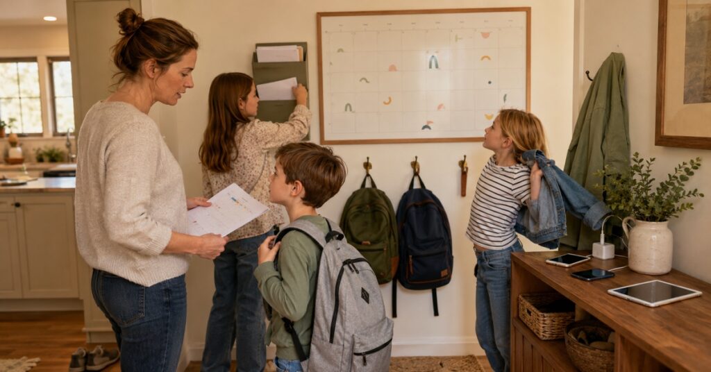 Family command center for three kids with a mother, shared calendar, paper pockets, backpacks, and charging station