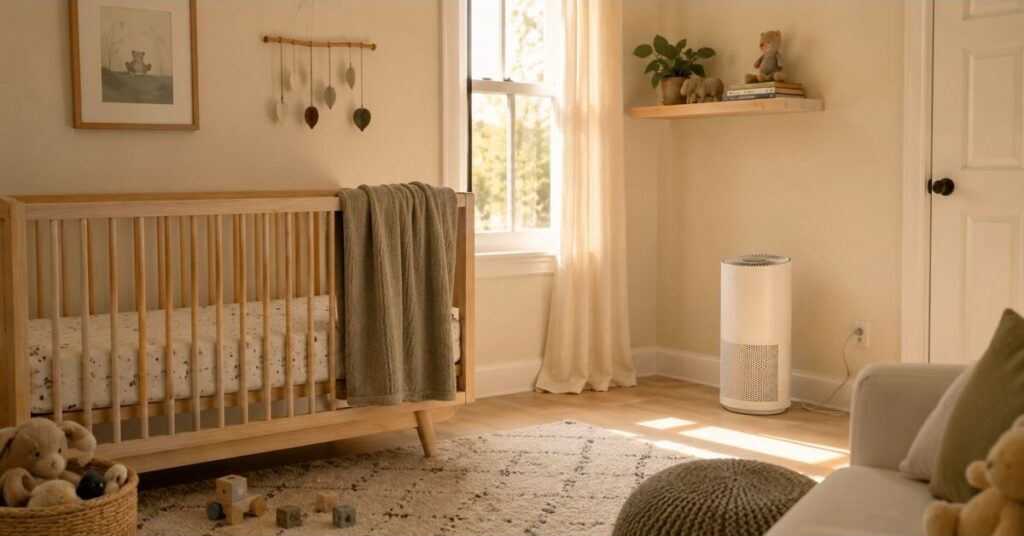 Quiet air purifier placed safely away from a baby crib in a warm nursery