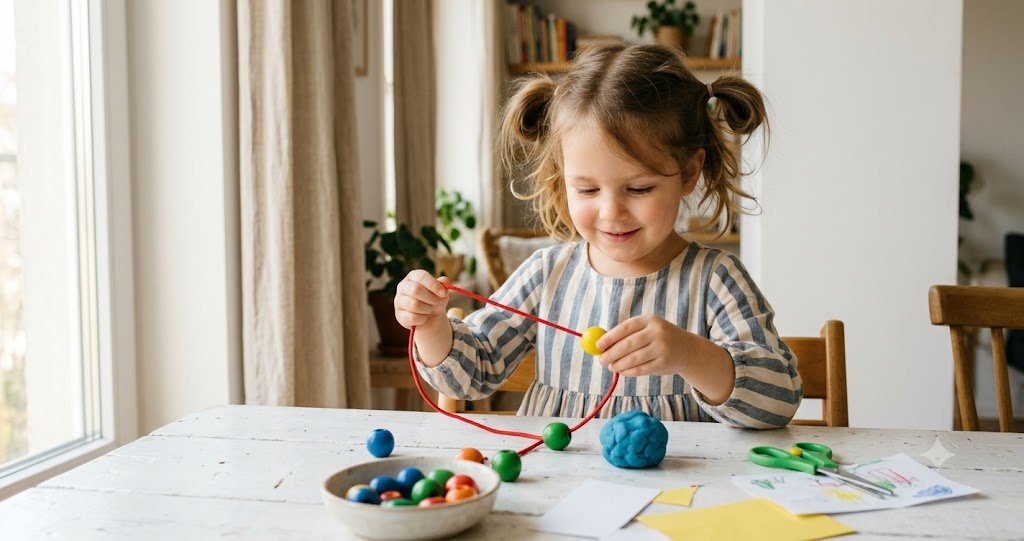 Preschool girl threading colorful wooden lacing beads at a white table, building fine motor skills for handwriting readiness