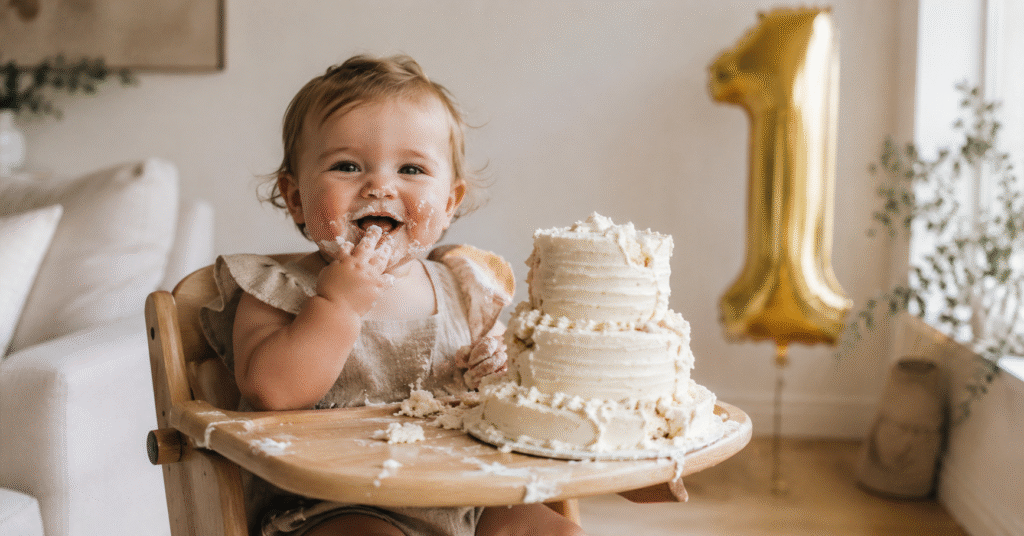 One year old baby smashing a small white frosted cake in a high chair at a first birthday party, gold number one balloon in the background