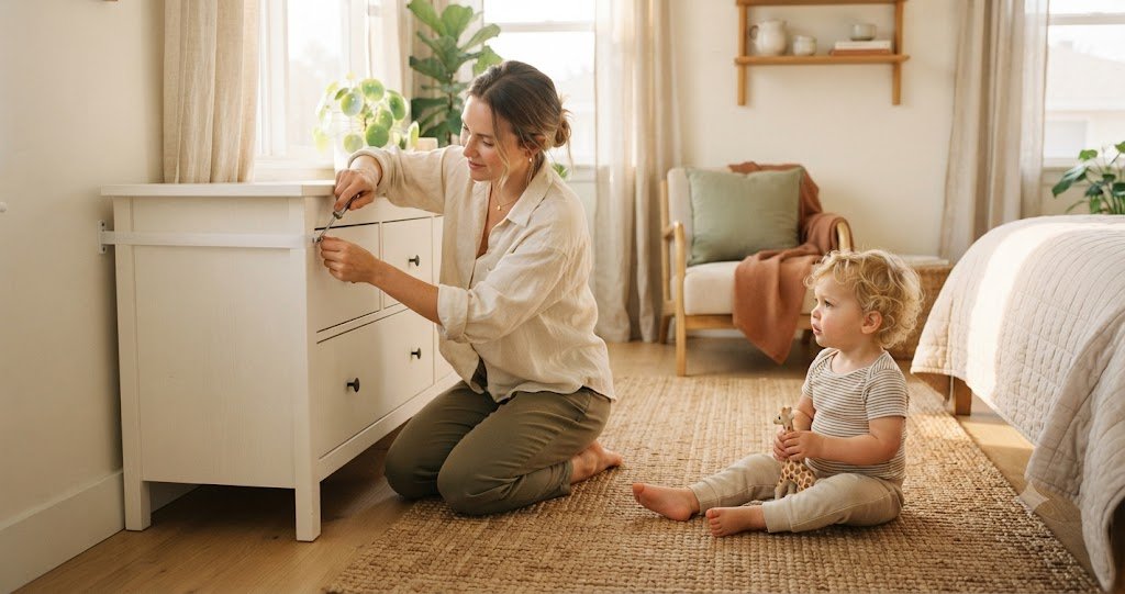 Mom installing a metal anti-tip furniture anchor strap on a nursery dresser while her toddler son watches from the rug nearby