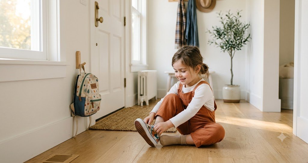 Young girl putting on her slip-on sneakers by the front door with her backpack on a hook, ready for a smooth school morning routine