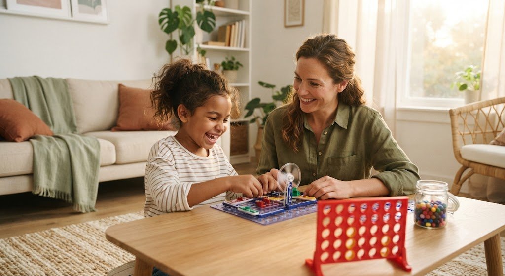Mother and her 6-year-old daughter building a snap circuit electronics kit together at a bright living room table - best gifts for 6-year-olds 2026