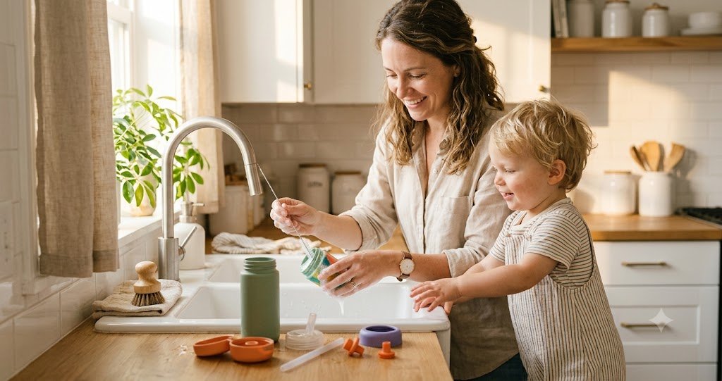 Mother washing a disassembled toddler water bottle with a straw brush at a kitchen sink while her toddler watches