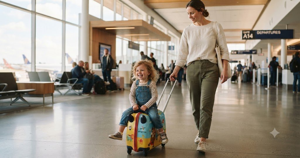 Young child riding a colorful ride-on suitcase through a bright airport terminal while a parent walks alongside