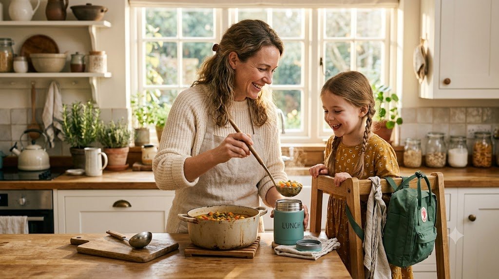 Mom filling a stainless steel kids thermos food jar with hot soup for school lunch while her daughter watches