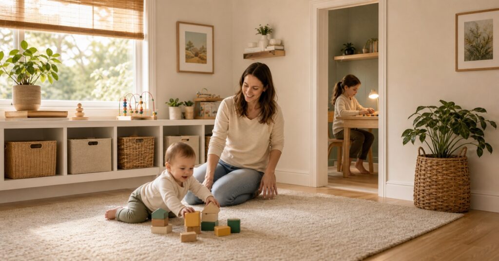 Mother supervising a crawling baby and an older child in separate mixed-age playroom safety zones